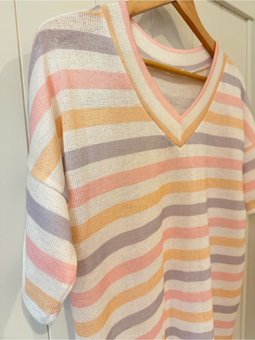 Bombom Women’s Striped V‑Neck Knit Top Size Medium Pink Yellow Purple Cream - Picture 3 of 10